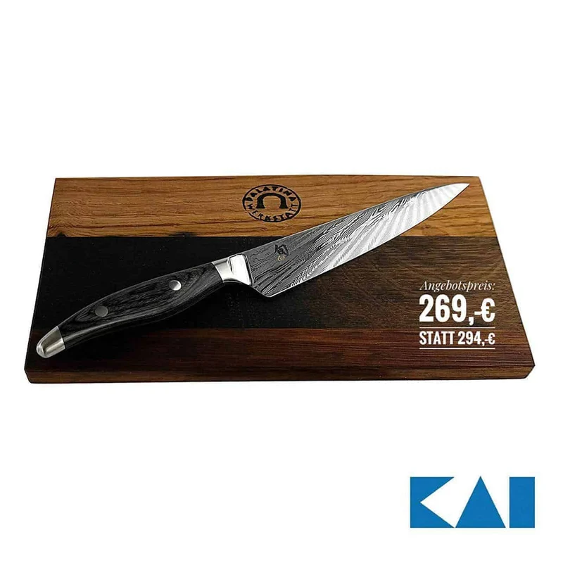 Kai Shun Nagare NDC-0701, ultrascharfes Allzweckmesser, 15 cm Klinge + Schneidebrett aus Fassholz 25x15 cm