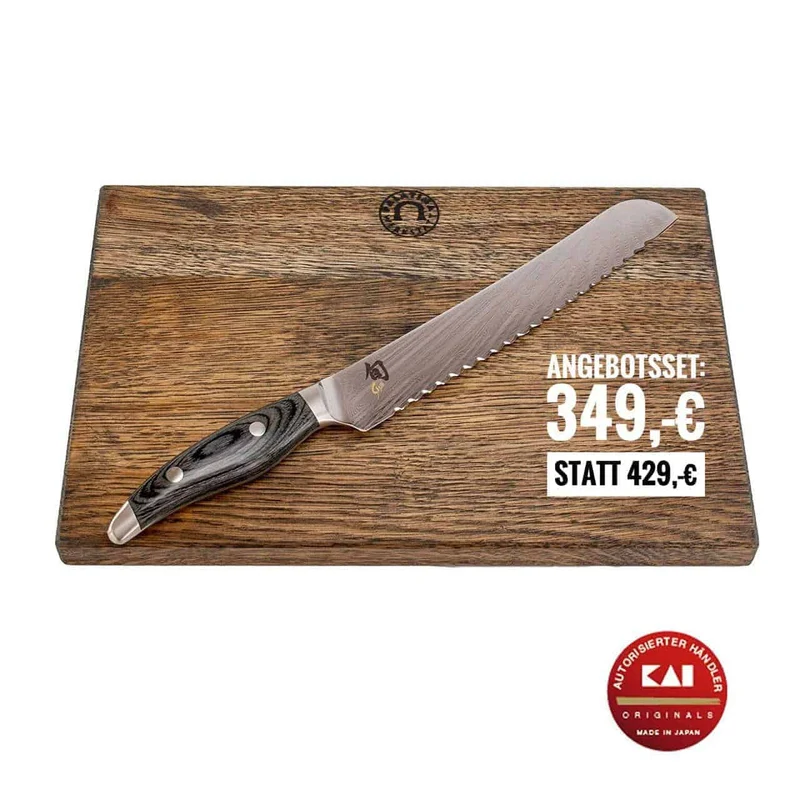 Kai Shun Nagare NDC-0705 | Japanisches Brotmesser, 23 cm Klinge +basaltgraues Schneidebrett (Eiche) 34x21 cm