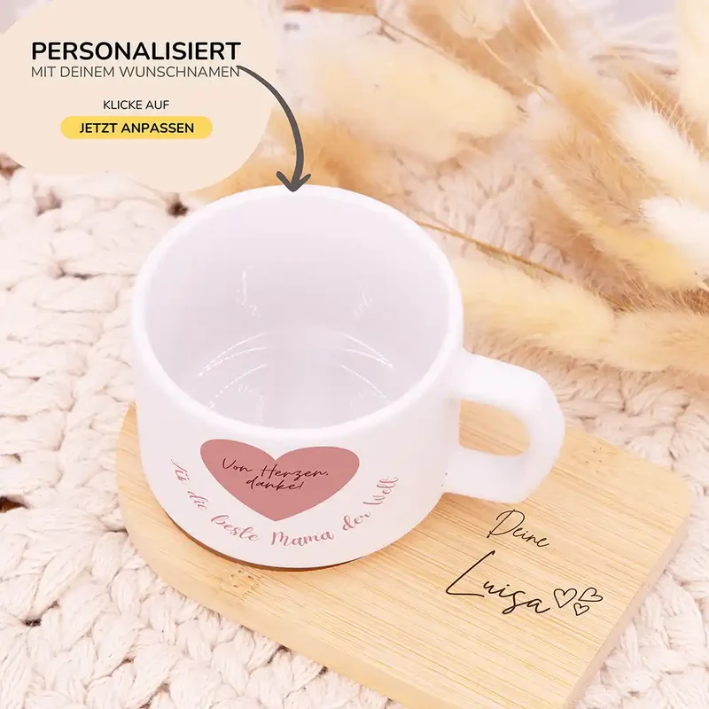 Muttertagsgeschenk Keramikbecher mit Untersetzer – Von Herzen danke – Rosa Herz