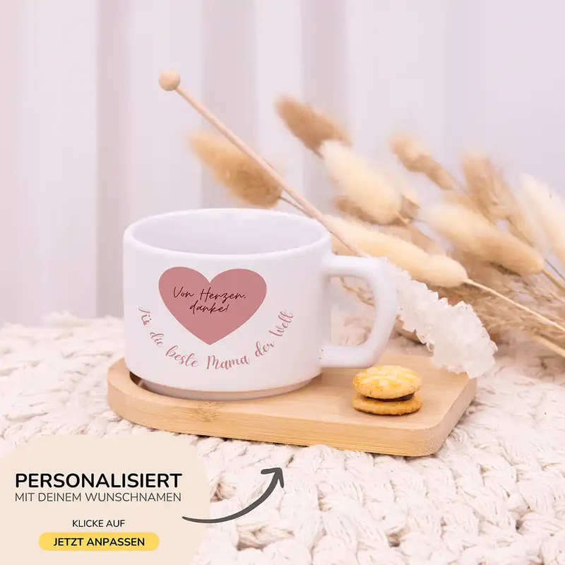 Muttertagsgeschenk Keramikbecher mit Untersetzer – Von Herzen danke – Rosa Herz
