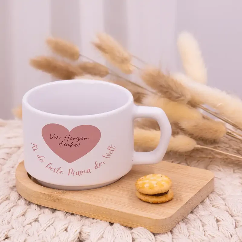 Muttertagsgeschenk Keramikbecher mit Untersetzer – Von Herzen danke – Rosa Herz