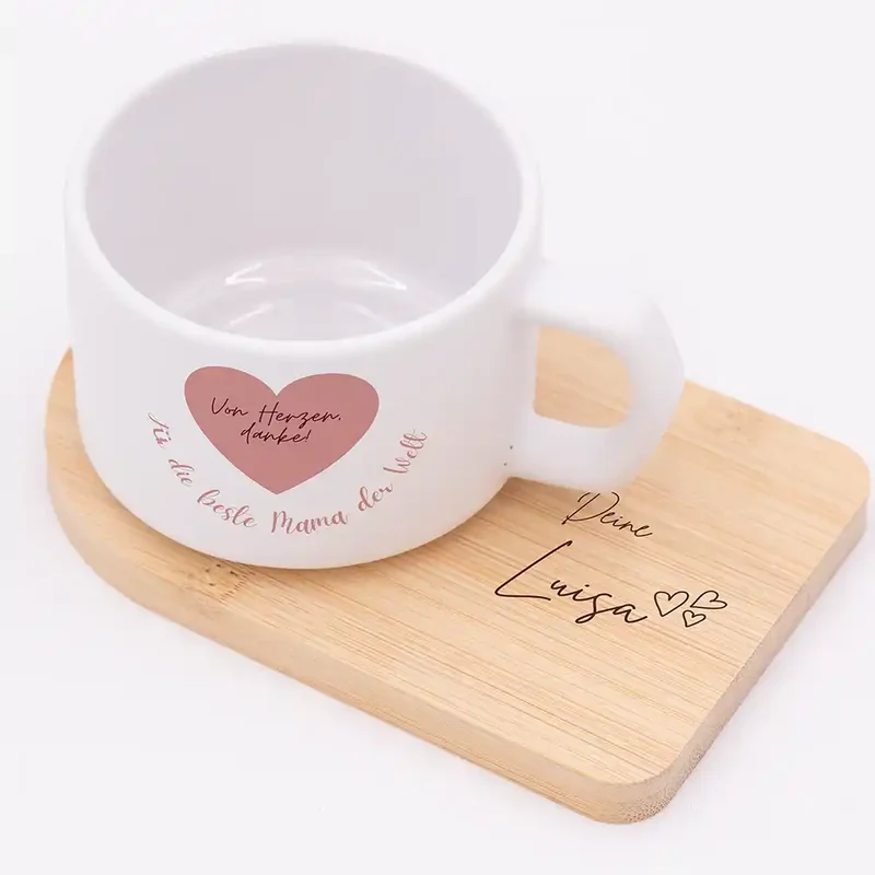 Muttertagsgeschenk Keramikbecher mit Untersetzer – Von Herzen danke – Rosa Herz