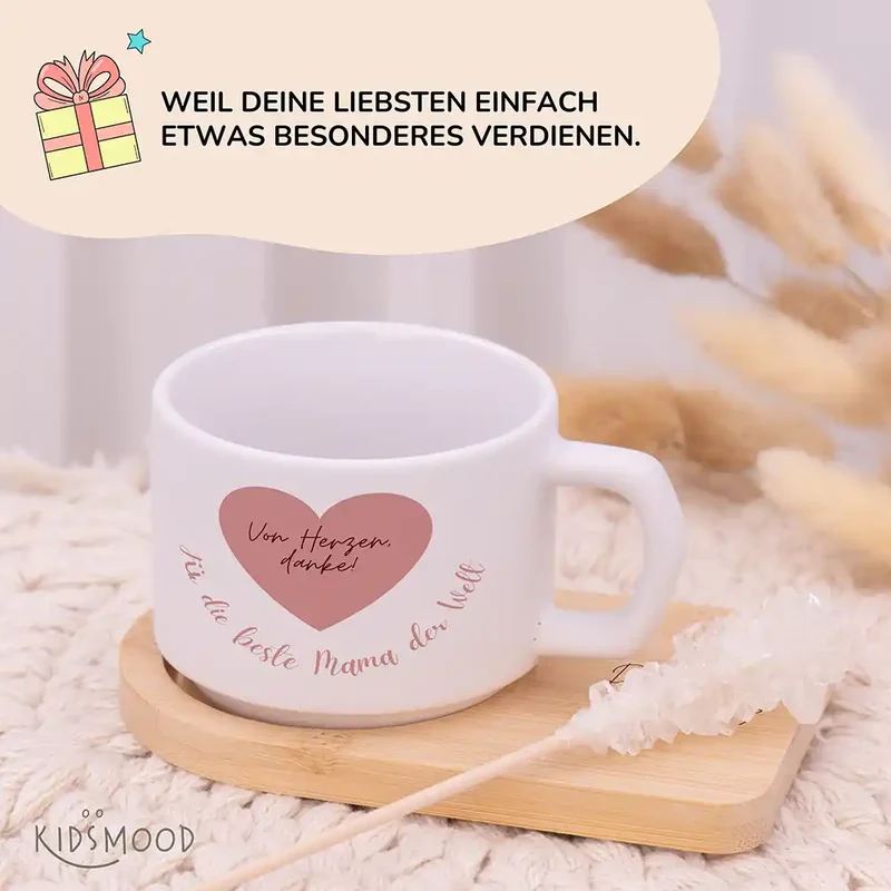 Muttertagsgeschenk Keramikbecher mit Untersetzer – Von Herzen danke – Rosa Herz
