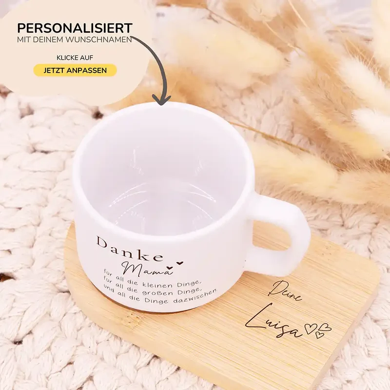 Muttertagsgeschenk Keramikbecher mit Untersetzer – Danke Mama – kleine und große Dinge