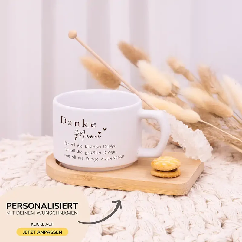 Muttertagsgeschenk Keramikbecher mit Untersetzer – Danke Mama – kleine und große Dinge