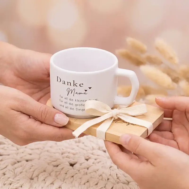 Muttertagsgeschenk Keramikbecher mit Untersetzer – Danke Mama – kleine und große Dinge