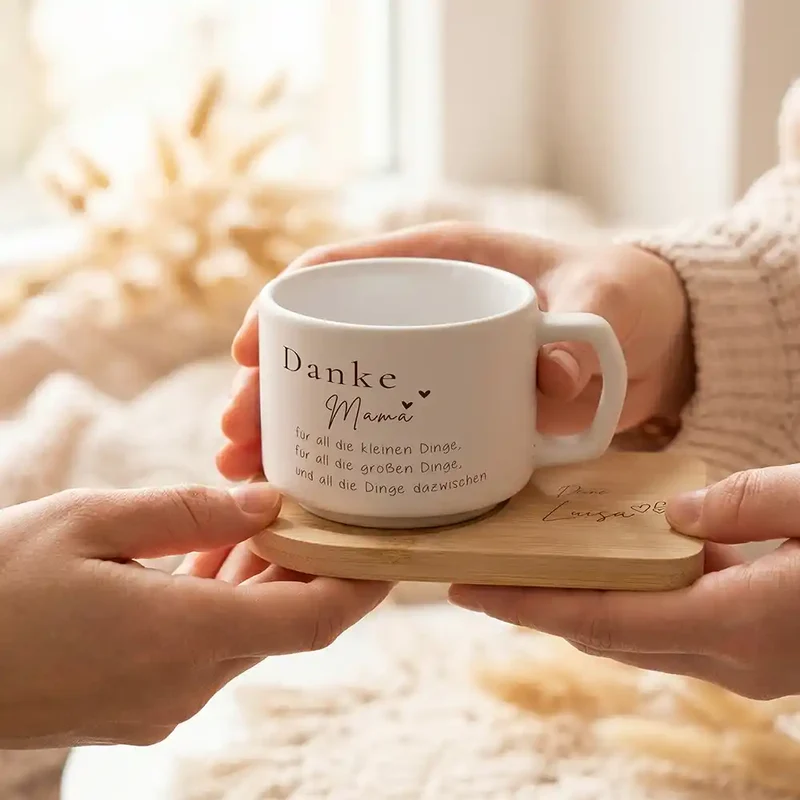 Muttertagsgeschenk Keramikbecher mit Untersetzer – Danke Mama – kleine und große Dinge