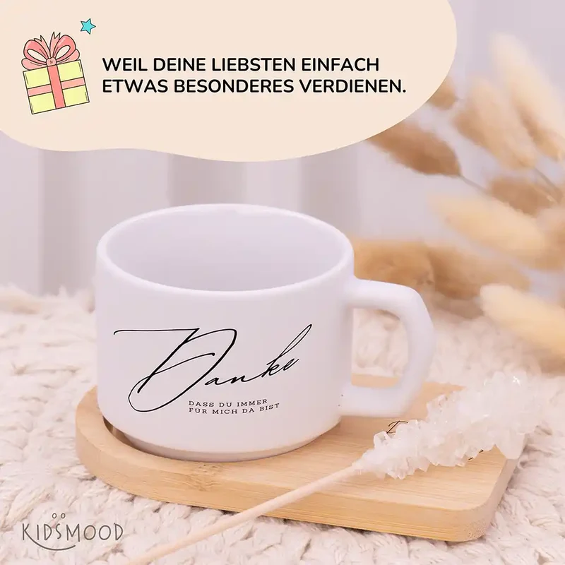 Muttertagsgeschenk Keramikbecher mit Untersetzer – Danke – immer für mich da