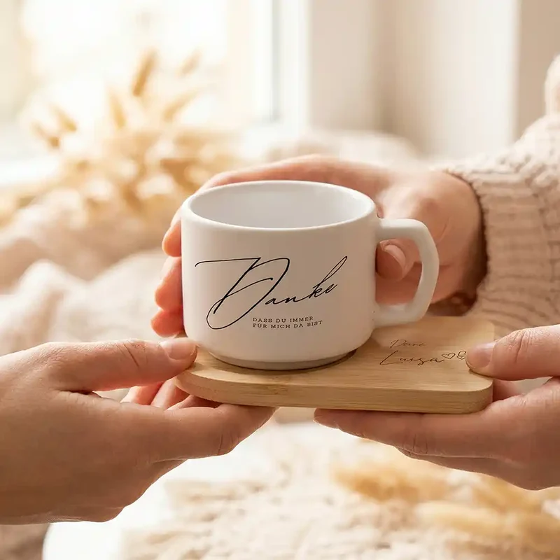 Muttertagsgeschenk Keramikbecher mit Untersetzer – Danke – immer für mich da