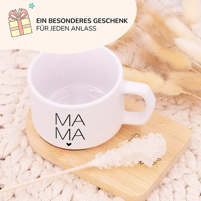 Muttertagsgeschenk Keramikbecher mit Untersetzer – MAMA Großbuchstaben