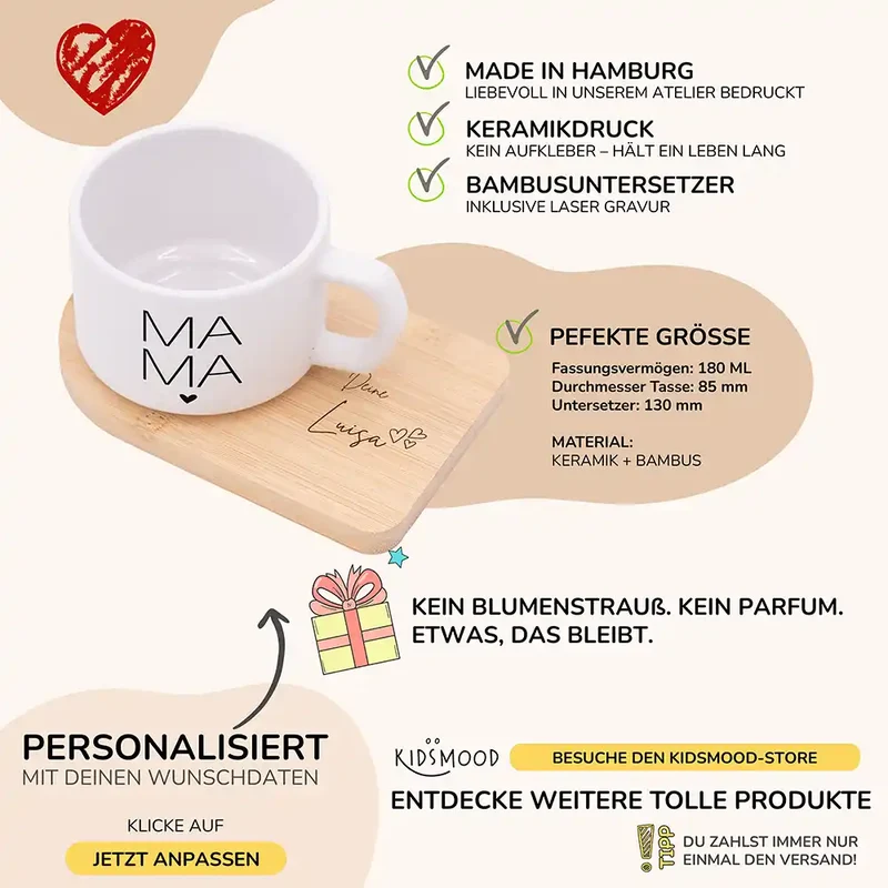 Muttertagsgeschenk Keramikbecher mit Untersetzer – MAMA Großbuchstaben