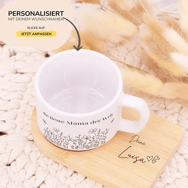 Muttertagsgeschenk Keramikbecher mit Untersetzer – Blumenwiese Beste Mama
