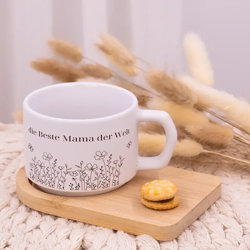 Muttertagsgeschenk Keramikbecher mit Untersetzer – Blumenwiese Beste Mama