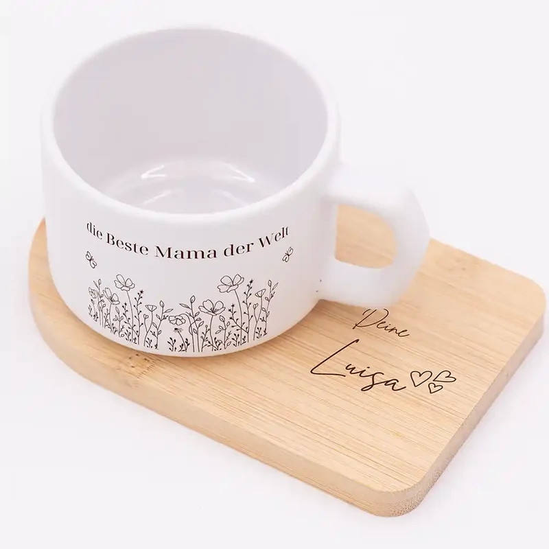 Muttertagsgeschenk Keramikbecher mit Untersetzer – Blumenwiese Beste Mama