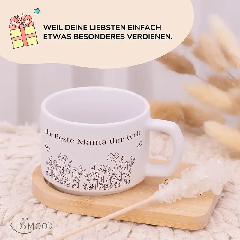 Muttertagsgeschenk Keramikbecher mit Untersetzer – Blumenwiese Beste Mama