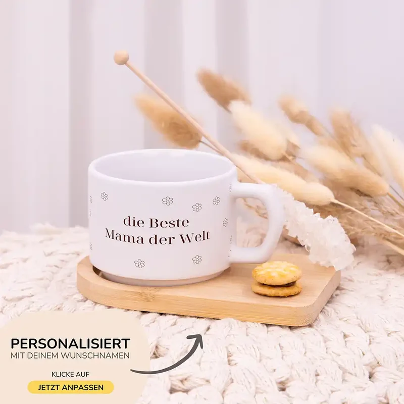 Muttertagsgeschenk Keramikbecher mit Untersetzer – Beste Mama Blümchen
