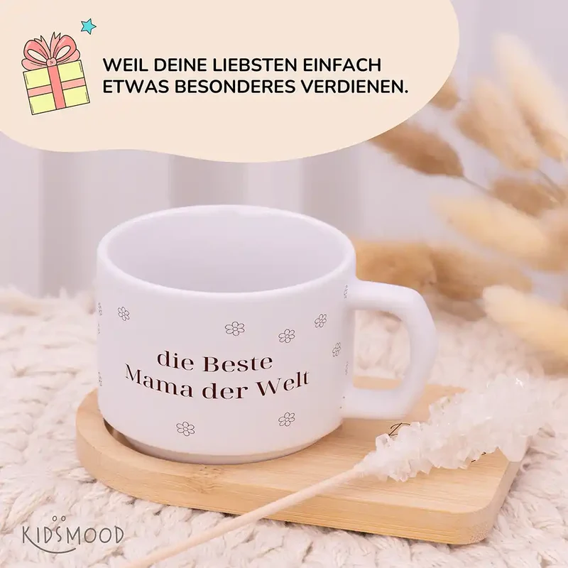 Muttertagsgeschenk Keramikbecher mit Untersetzer – Beste Mama Blümchen