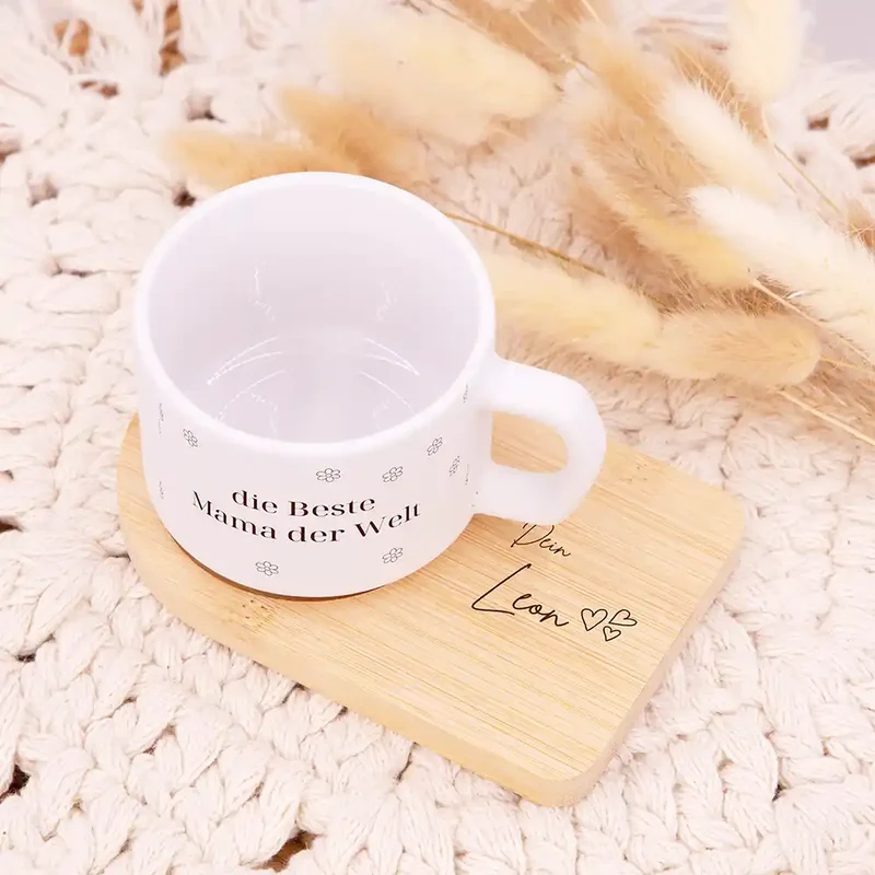Muttertagsgeschenk Keramikbecher mit Untersetzer – Beste Mama Blümchen