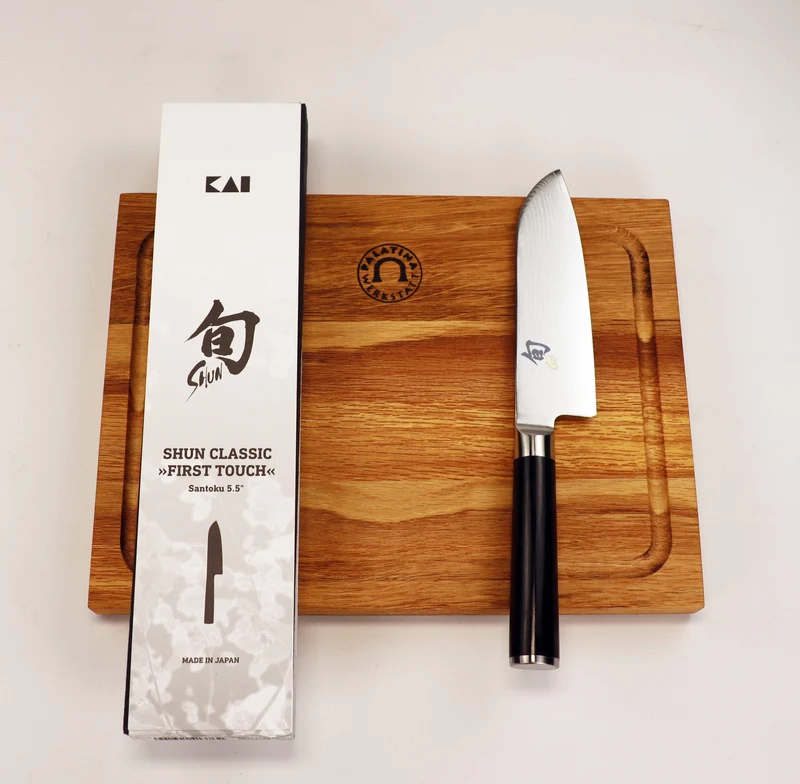 Kai Shun Classic Angebotsset | DM-0727, ultrascharfes Santokumesser mit 14 cm Klinge + massives Schneidebrett (Eiche) 30x22 cm
