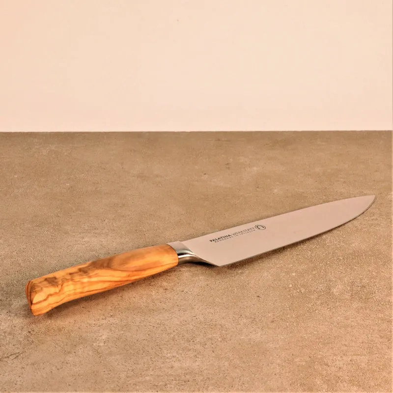 exklusiver, bestückter Messerblock aus alten Fassdauben + 5 Messer, Olivenholzgriff