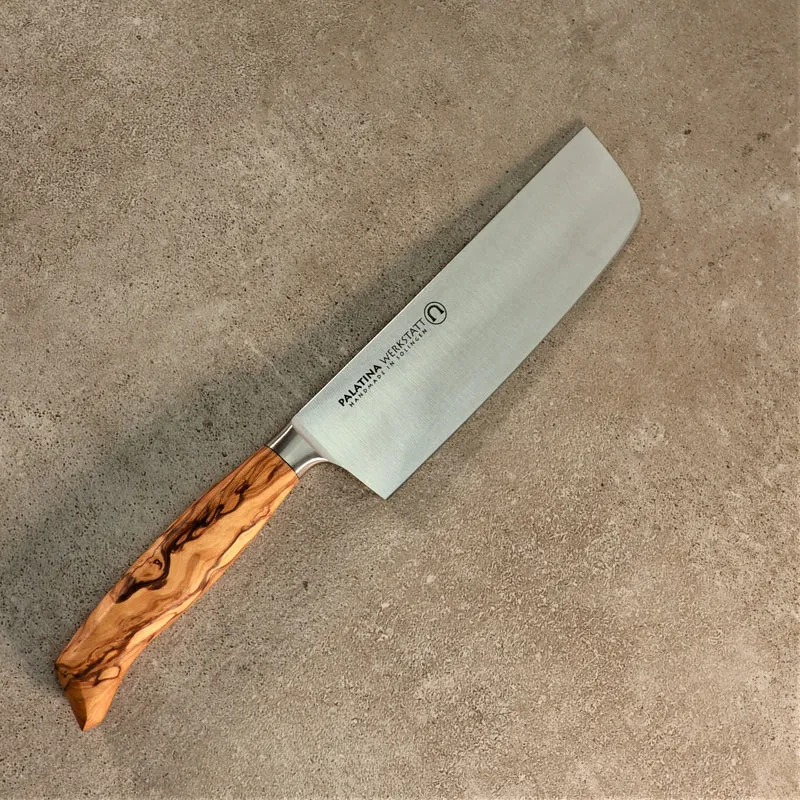 exklusiver, bestückter Messerblock aus alten Fassdauben + 5 Messer, Olivenholzgriff