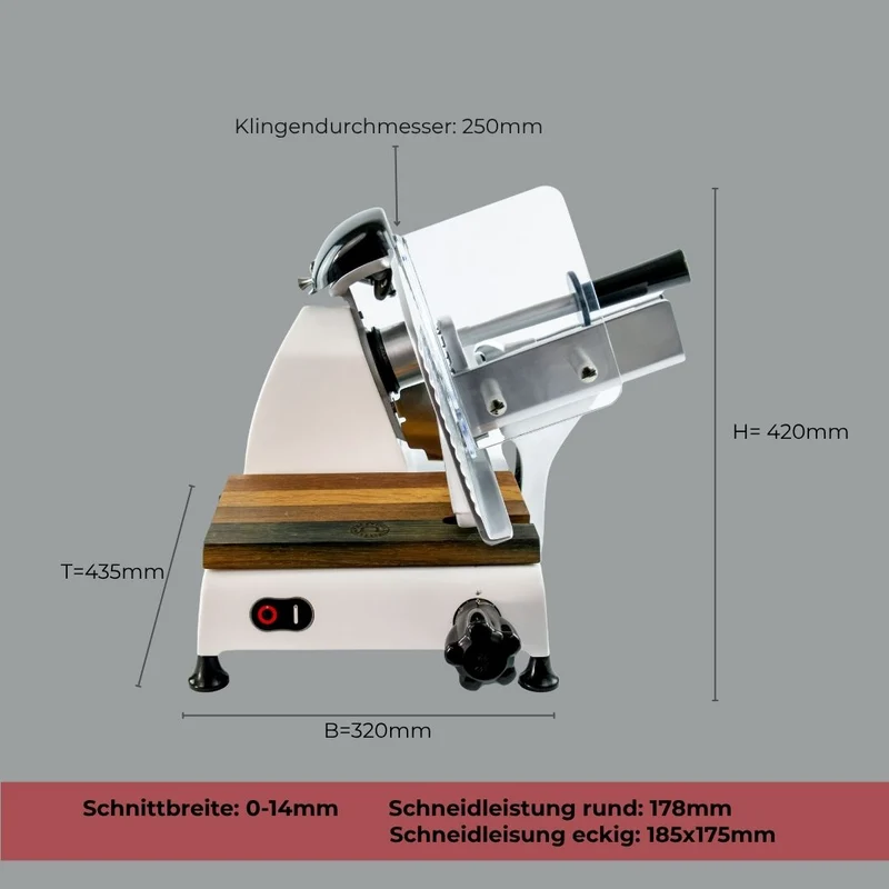 Berkel Red Line 250 Weiss, Original Profi-Aufschnittmaschine, Messerdurchmesser 25 cm + Einlegebrett aus Eichenholz