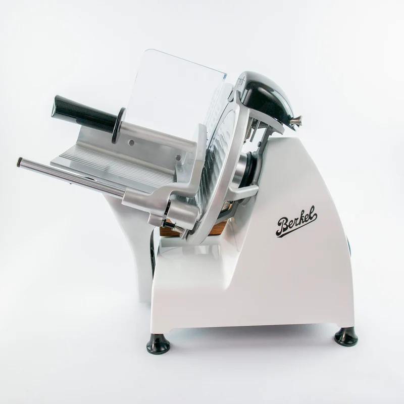 Berkel Red Line 250 Weiss, Original Profi-Aufschnittmaschine, Messerdurchmesser 25 cm + Einlegebrett aus Eichenholz