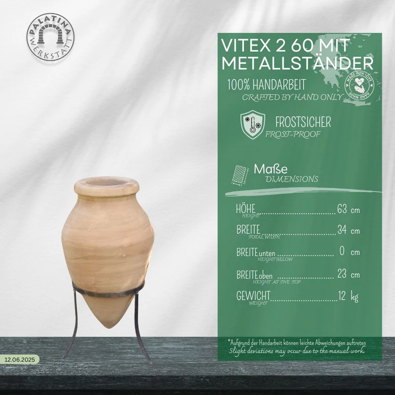 handgefertigte Terracotta Spitzamphore "Vitex 2" mit Metallständer 60 cm
