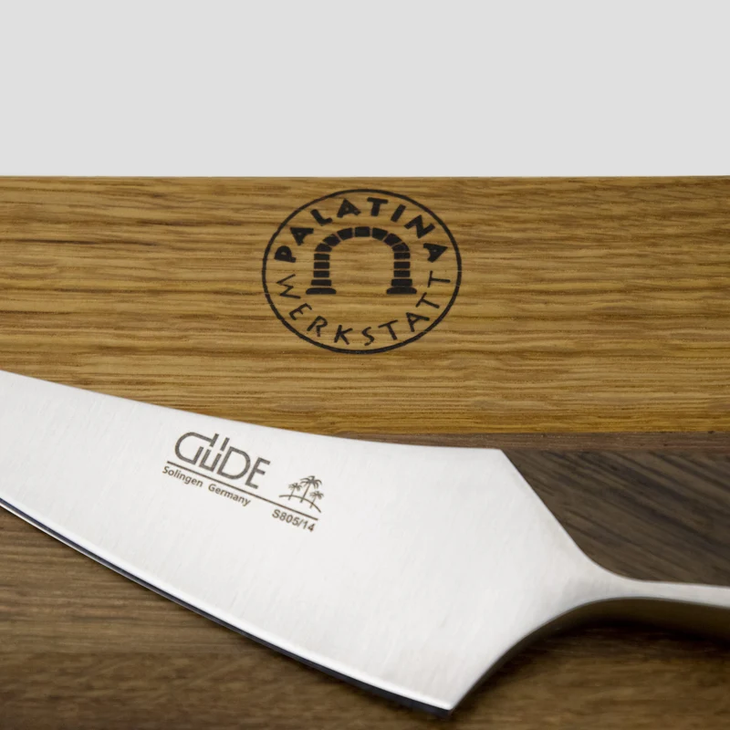 Güde Synchros Zubereitungsmesser, 14 cm Klinge + handgefertigtes Fassholzbrett, 34x21 cm
