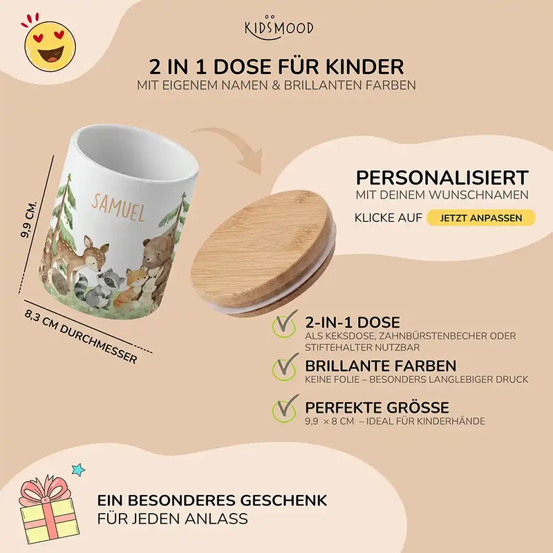 Personalisierte Keksdose Waldfreunde III – Keramik & Bambus mit Wunschname