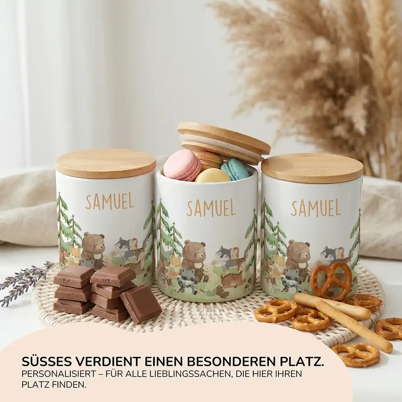 Personalisierte Keksdose Waldfreunde II – Keramik & Bambus mit Wunschname
