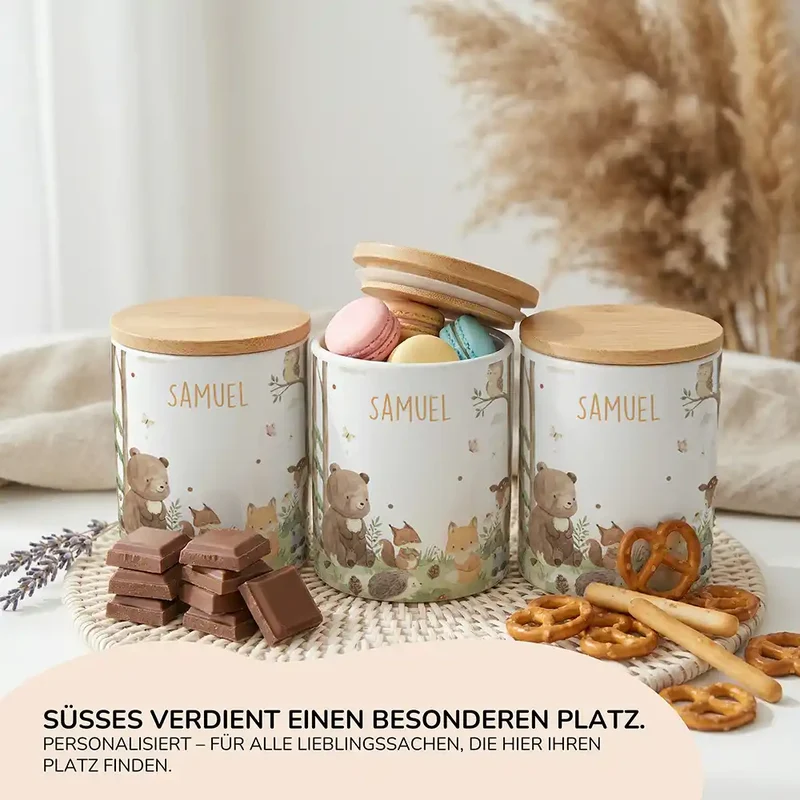 Personalisierte Keksdose Waldfreunde I – Keramik & Bambus mit Wunschname