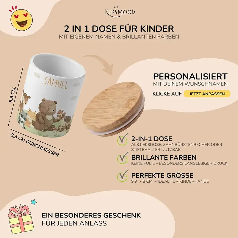 Personalisierte Keksdose Waldfreunde IV – Keramik & Bambus mit Wunschname