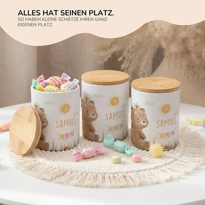 Personalisierte Keksdose Bär Sommer – Keramik & Bambus mit Wunschname