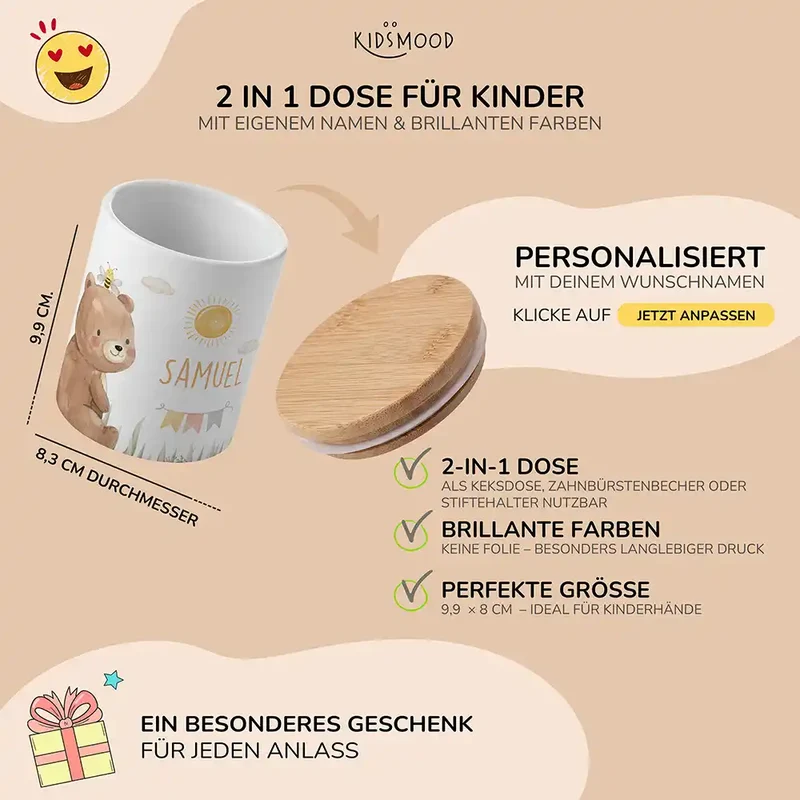 Personalisierte Keksdose Bär Sommer – Keramik & Bambus mit Wunschname