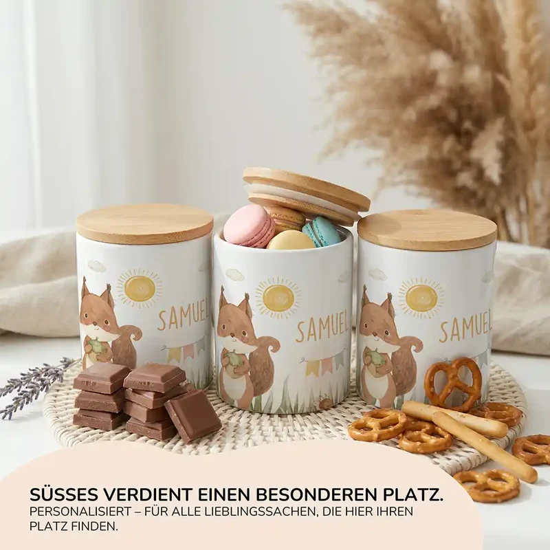 Personalisierte Keksdose Eichhörnchen Sommer – Keramik & Bambus mit Wunschname