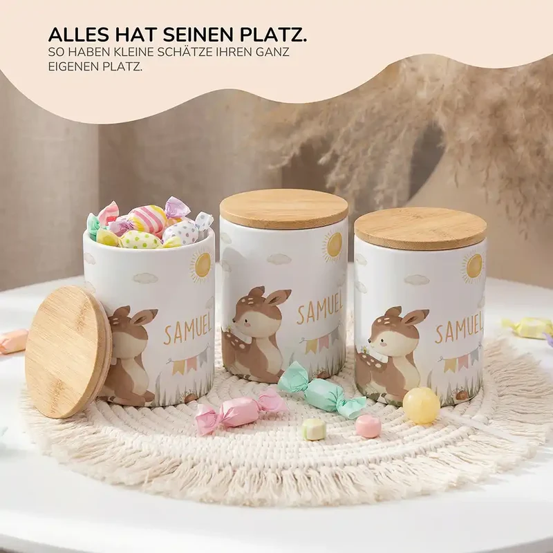 Personalisierte Keksdose Rehkitz Sonne – Keramik & Bambus mit Wunschname