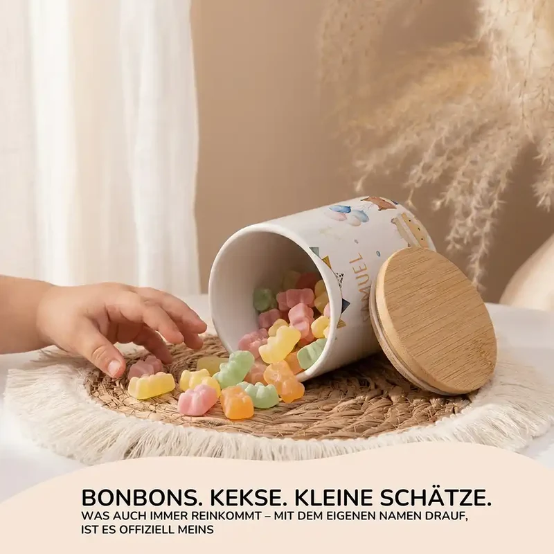 Personalisierte Keksdose Waldtiere Geburtstag – Keramik & Bambus mit Wunschname