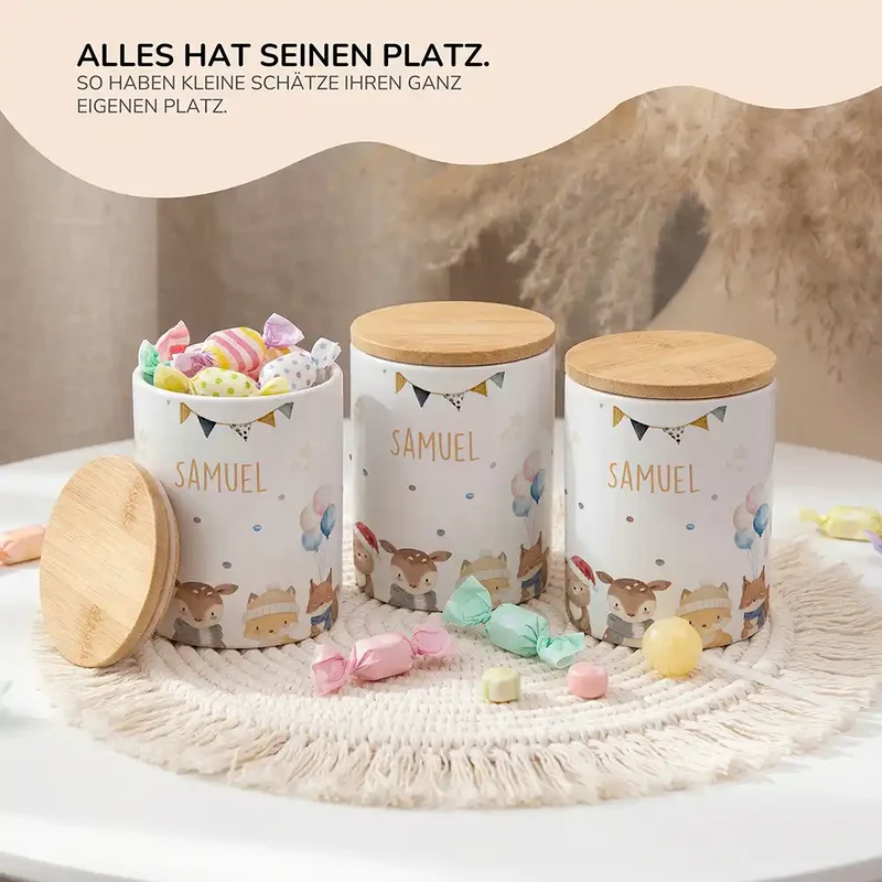 Personalisierte Keksdose Waldtiere Geburtstag – Keramik & Bambus mit Wunschname
