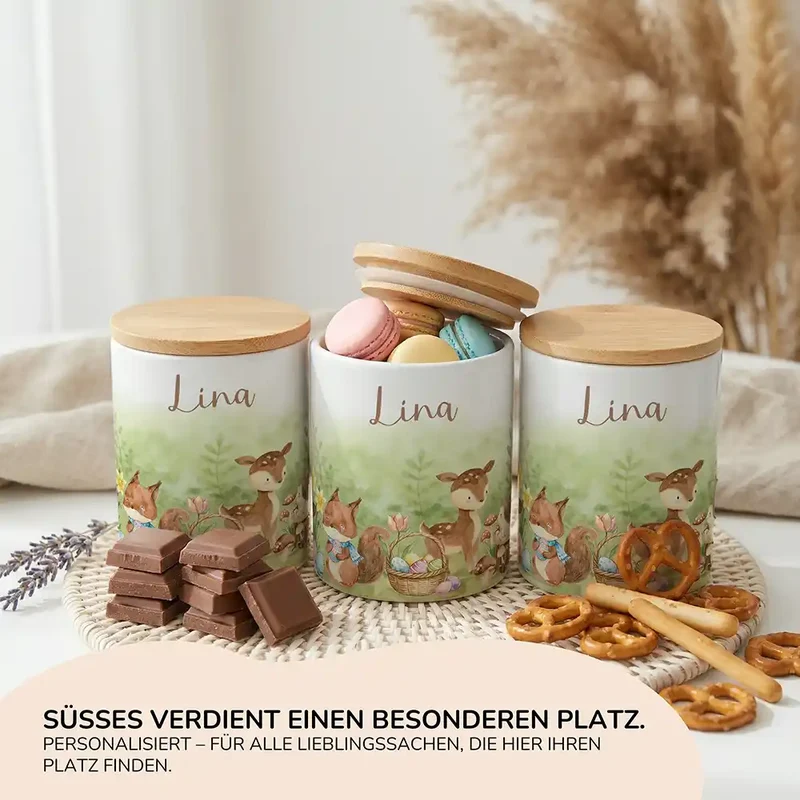 Personalisierte Keksdose Ostern Reh & Fuchs – Keramik & Bambus mit Wunschname