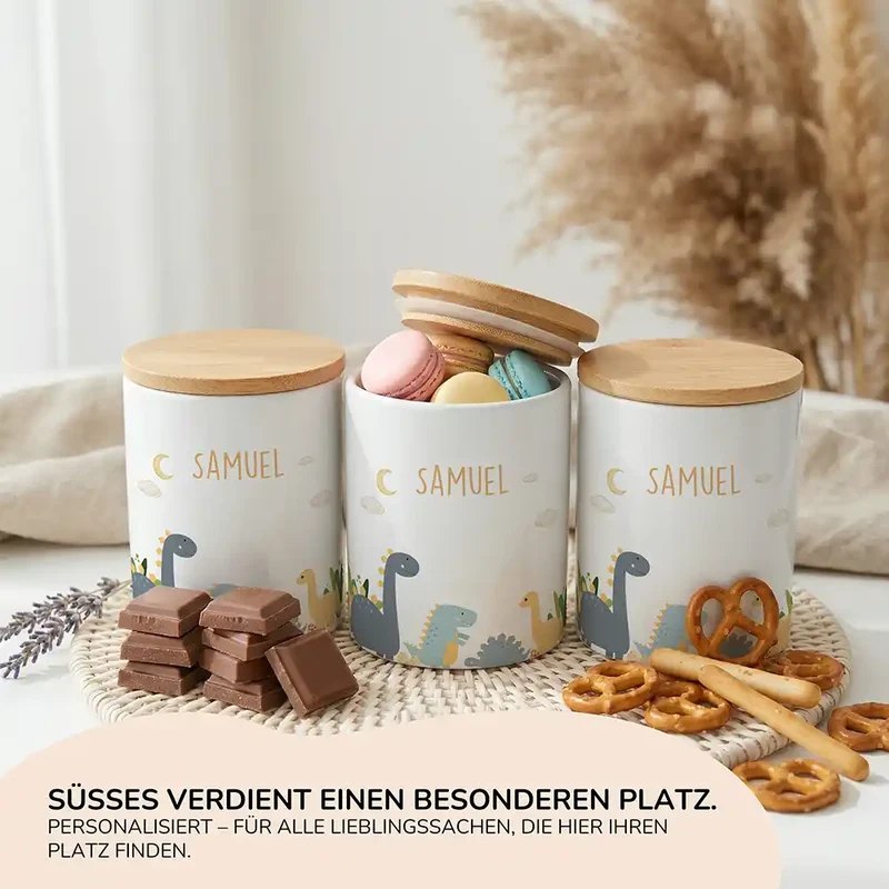Personalisierte Keksdose Dinosaurier Mond – Keramik & Bambus mit Wunschname