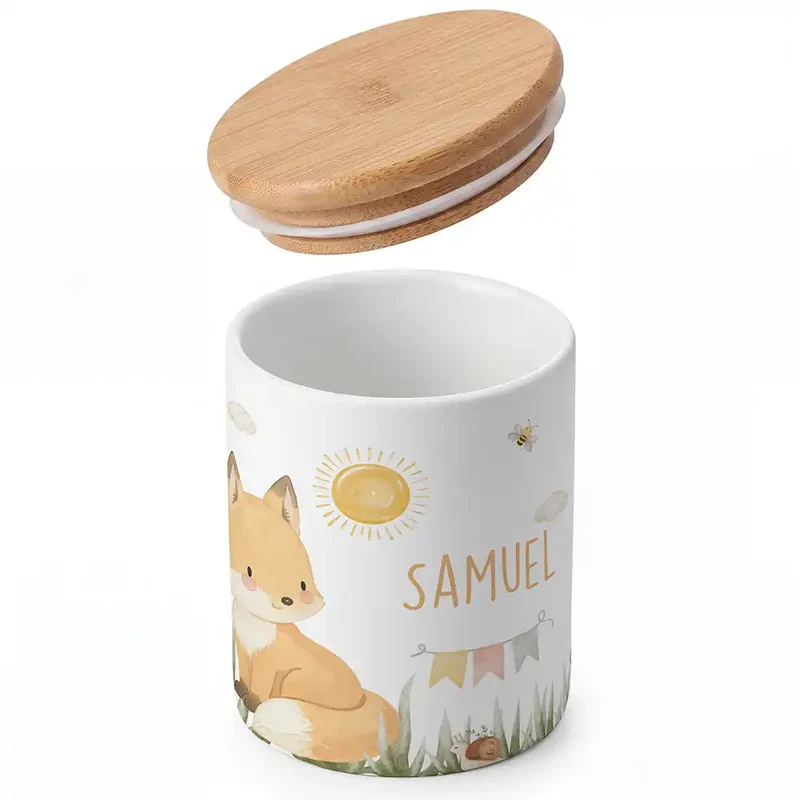 Personalisierte Keksdose Fuchs Sommer – Keramik & Bambus mit Wunschname
