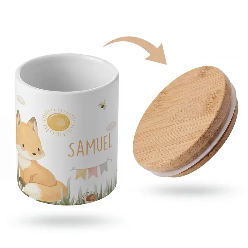 Personalisierte Keksdose Fuchs Sommer – Keramik & Bambus mit Wunschname
