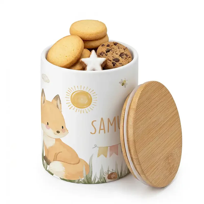 Personalisierte Keksdose Fuchs Sommer – Keramik & Bambus mit Wunschname