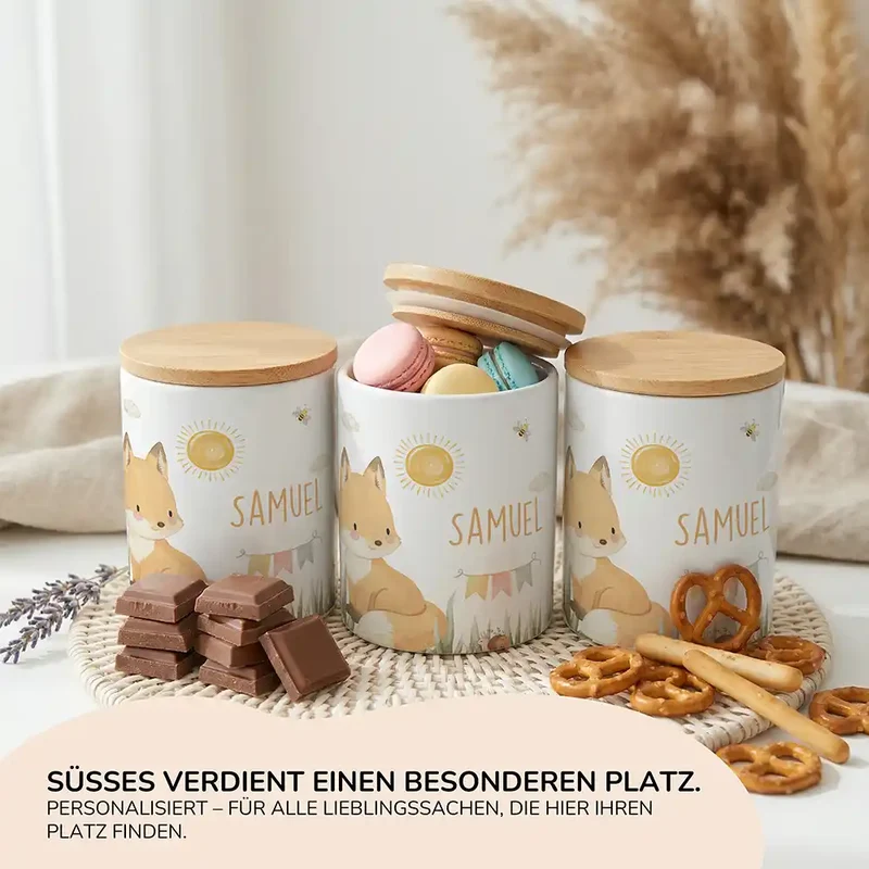 Personalisierte Keksdose Fuchs Sommer – Keramik & Bambus mit Wunschname