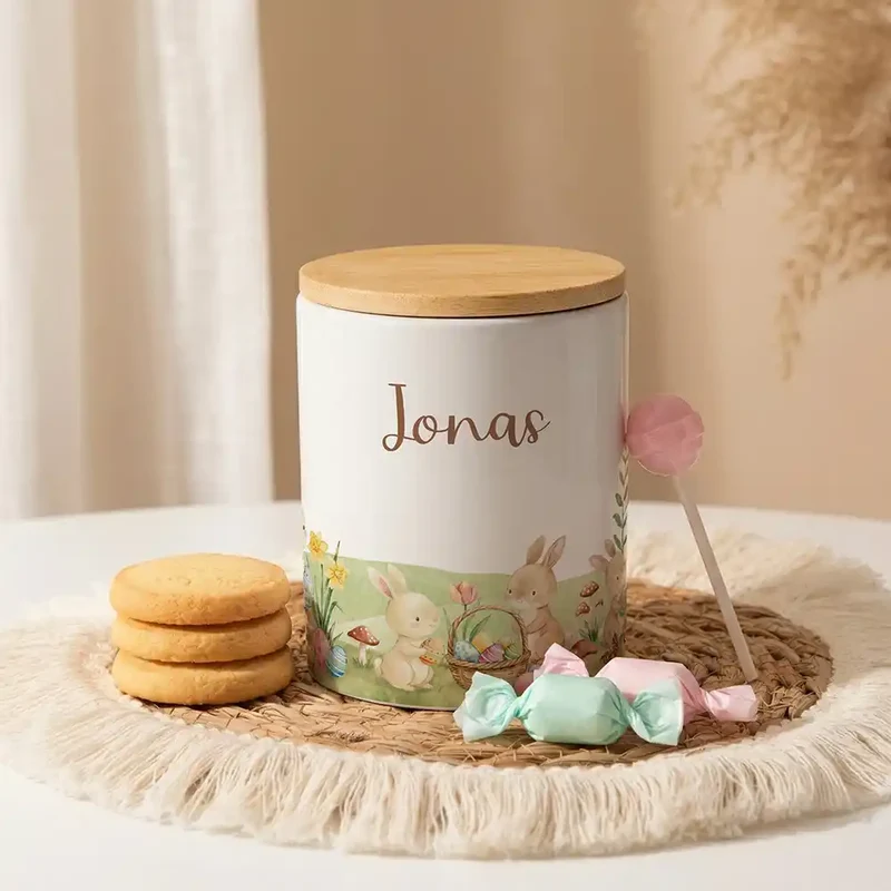 Personalisierte Keksdose Ostern Hasen – Keramik & Bambus mit Wunschname
