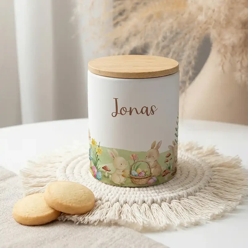 Personalisierte Keksdose Ostern Hasen – Keramik & Bambus mit Wunschname