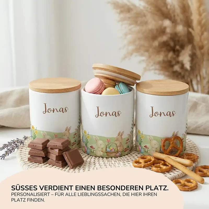 Personalisierte Keksdose Ostern Hasen – Keramik & Bambus mit Wunschname