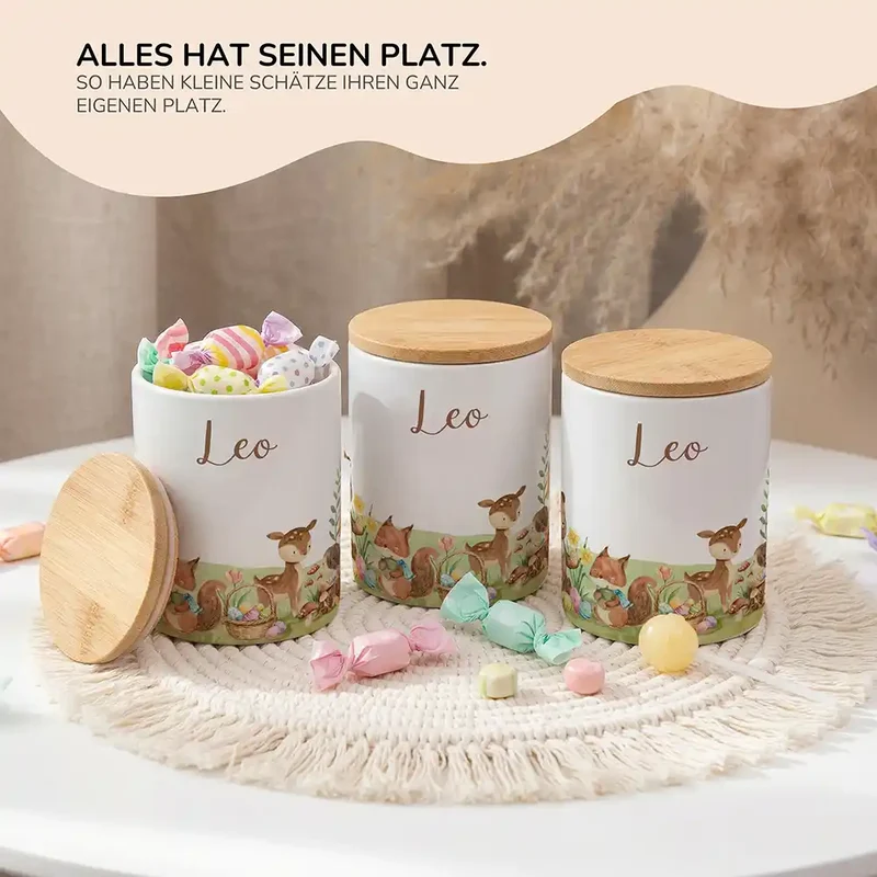 Personalisierte Keksdose Ostern Frühlingswiese – Keramik & Bambus mit Wunschname