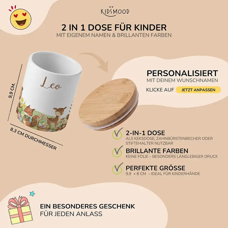 Personalisierte Keksdose Ostern Frühlingswiese – Keramik & Bambus mit Wunschname